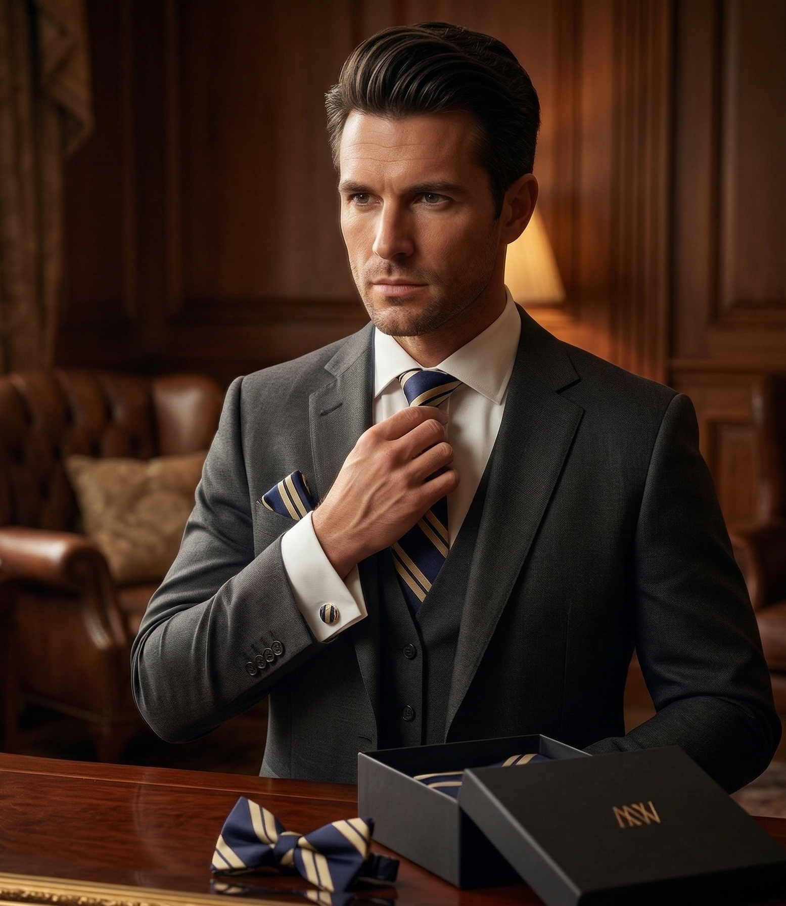 Sophisticated navy blue necktie with diagonal gold pinstripes, an essential for grooms.