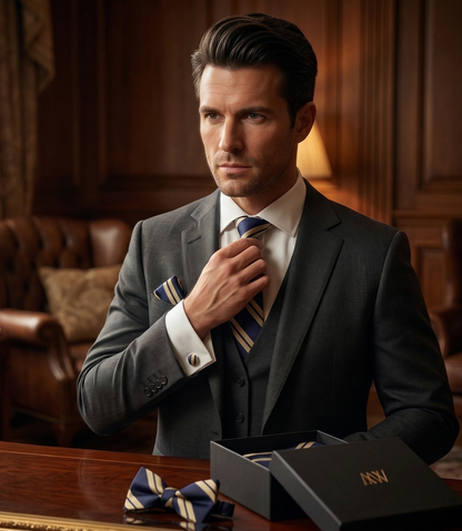 Sophisticated navy blue necktie with diagonal gold pinstripes, an essential for grooms.