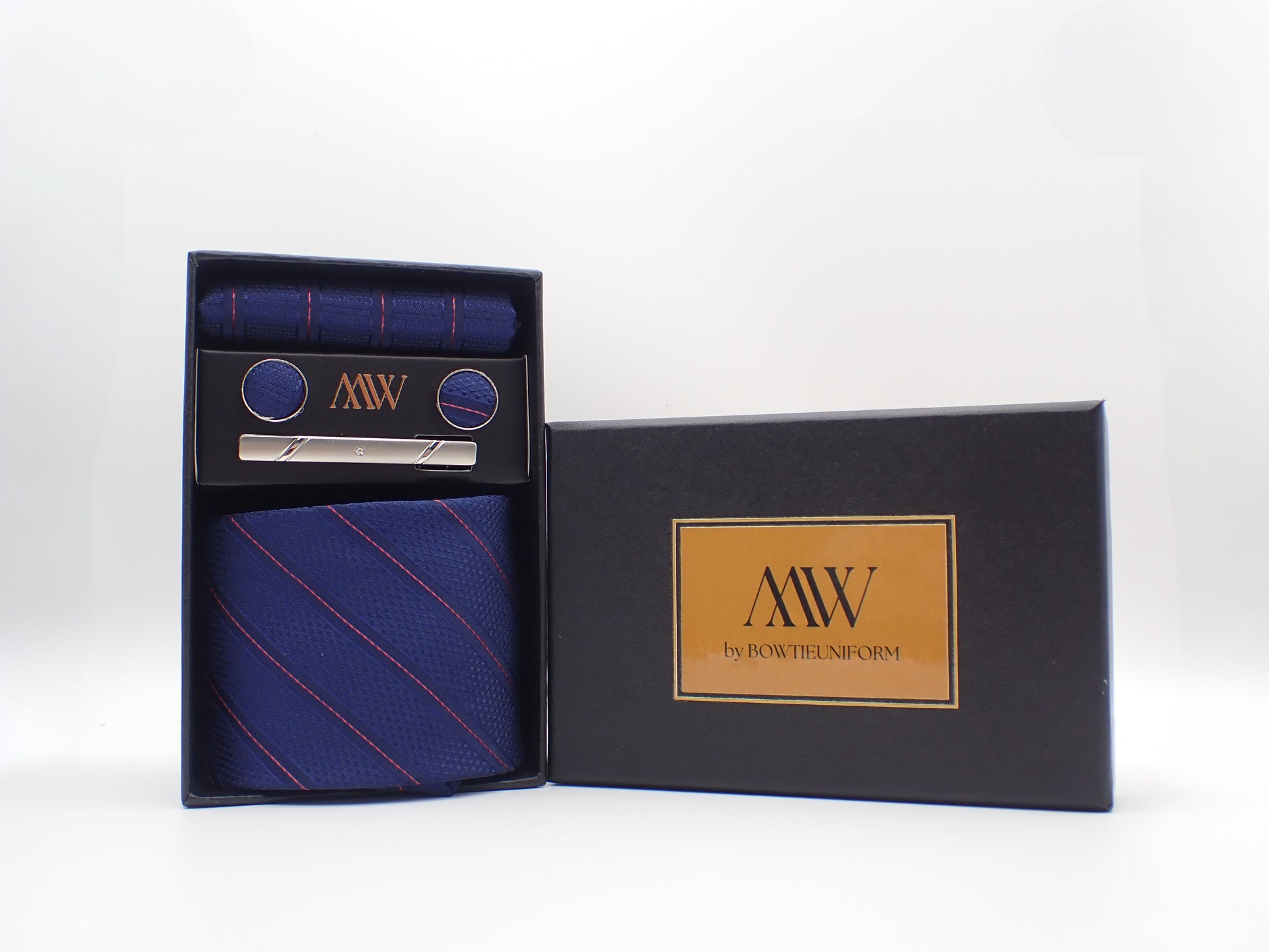 Navy & Red Diagonal Pinstripe Groomsmen Tie
