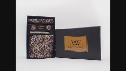 Brown Purple Gold Leaf Pattern Tie Set / Pocket Square, Bowtie, Tie Clip, Cufflinks / Gift for Him / Wedding Groomsmen Gift / Men Gift Box