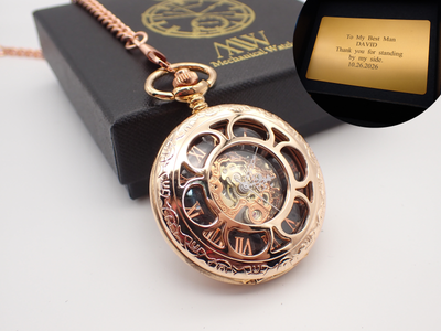 Personalized Rose Gold Skeleton Mechanical Pocket Watch | Groomsmen Gift