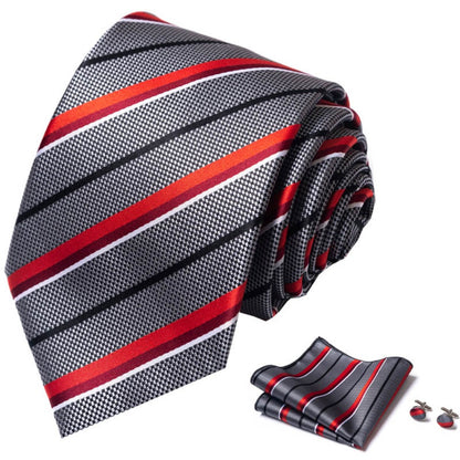 Gray and Red Stripe Tie Set / Pocket Square Tie Bowtie Cufflinks Set / Wedding Tie /Tie Clips/ Gift for him / Mens anniversary Groomsmen Gift