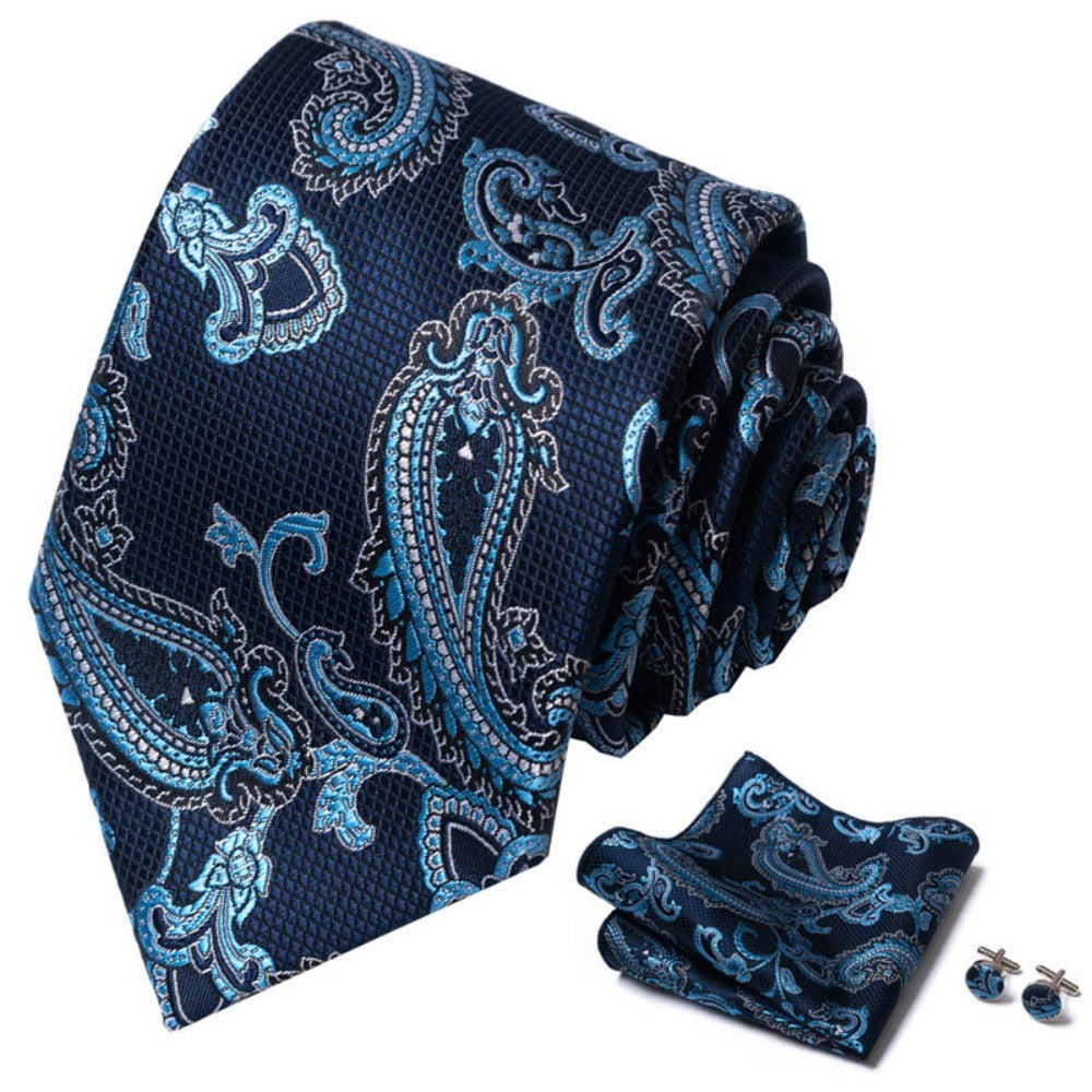 Navy Blue Paisley Tie Set / Pocket Square Tie Bowtie Cufflinks Set / Wedding Tie / Tie Clips / Gift for him Mens Groomsmen Gift