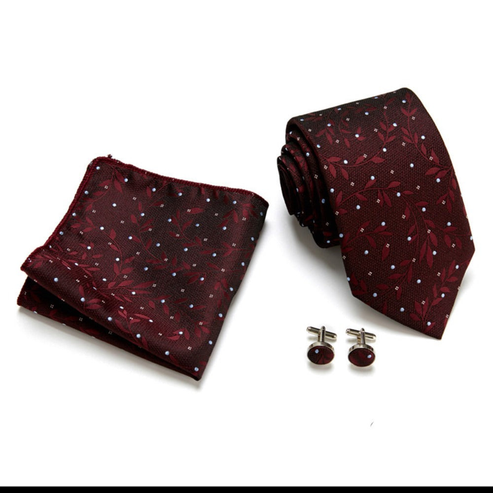 Burgundy Red Floral Pattern Tie Set / Pocket Square, Bowtie, Tie Clip, Cufflinks / Gift for Him / Wedding Groomsmen Gift / Men's Gift Box