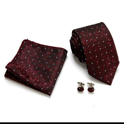 Burgundy Red Floral Pattern Tie Set / Pocket Square, Bowtie, Tie Clip, Cufflinks / Gift for Him / Wedding Groomsmen Gift / Men's Gift Box