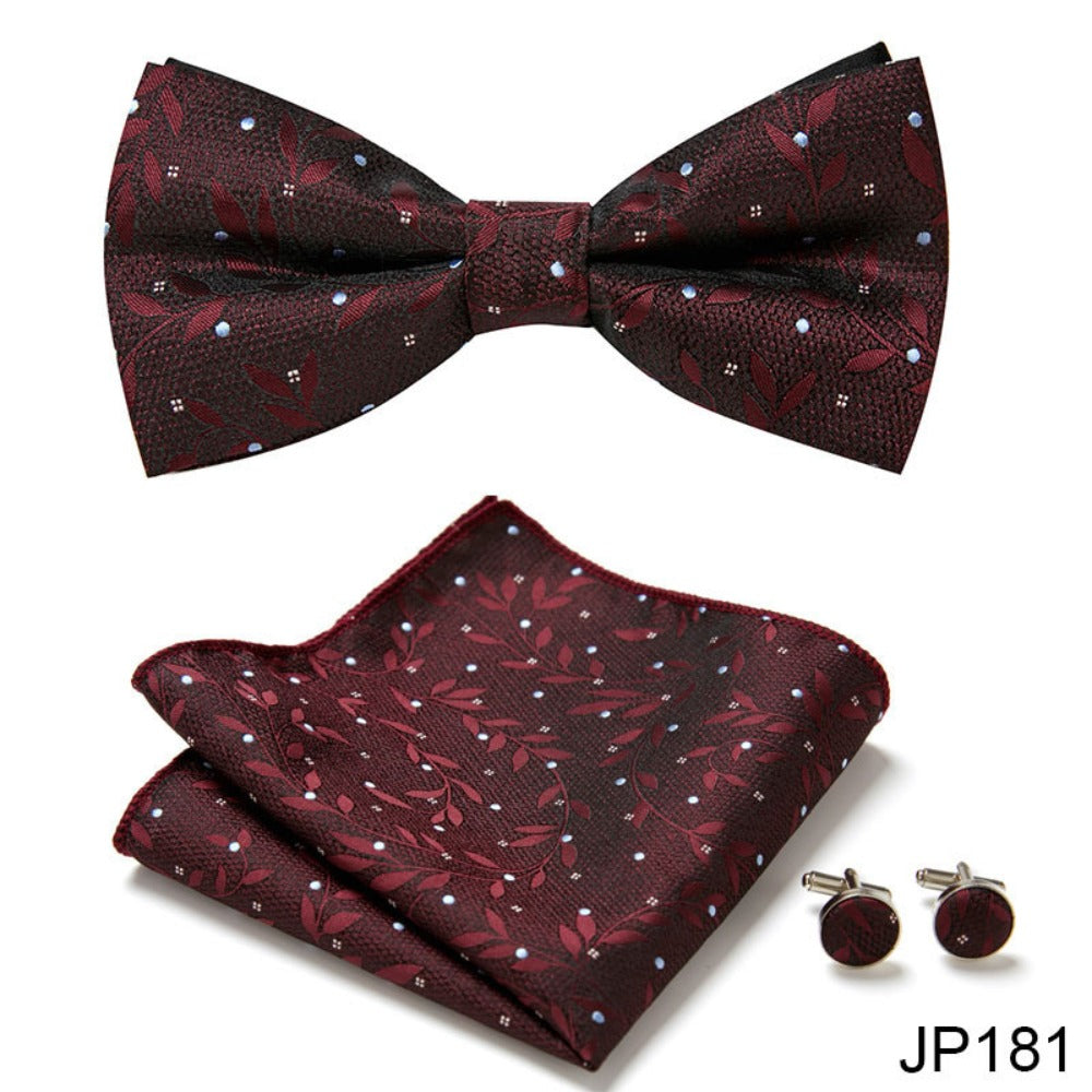 Burgundy Red Floral Pattern Tie Set / Pocket Square, Bowtie, Tie Clip, Cufflinks / Gift for Him / Wedding Groomsmen Gift / Men's Gift Box