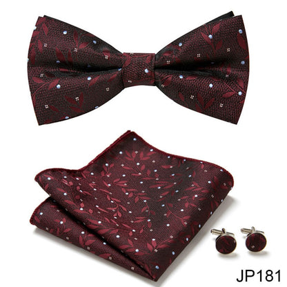Burgundy Red Floral Pattern Tie Set / Pocket Square, Bowtie, Tie Clip, Cufflinks / Gift for Him / Wedding Groomsmen Gift / Men's Gift Box