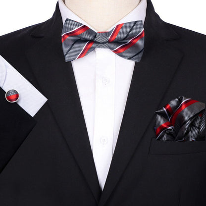Gray and Red Stripe Tie Set / Pocket Square Tie Bowtie Cufflinks Set / Wedding Tie /Tie Clips/ Gift for him / Mens anniversary Groomsmen Gift