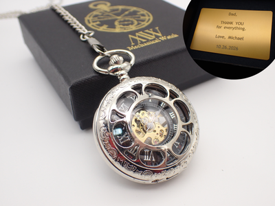 Personalized Silver Skeleton Mechanical Pocket Watch | Groomsmen Gift