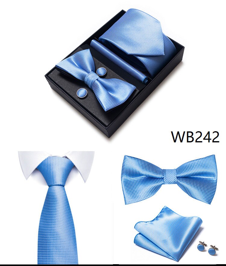 Square Pattern Sky Blue Tie Set / Pocket Square Tie Bowtie Cufflinks Set/Wedding Tie/Tie Clips/ Gift for him Mens anniversary Groomsmen Gift