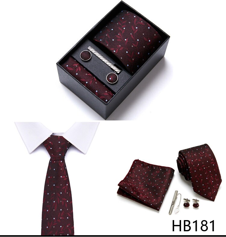 Burgundy Red Floral Pattern Tie Set / Pocket Square, Bowtie, Tie Clip, Cufflinks / Gift for Him / Wedding Groomsmen Gift / Men's Gift Box