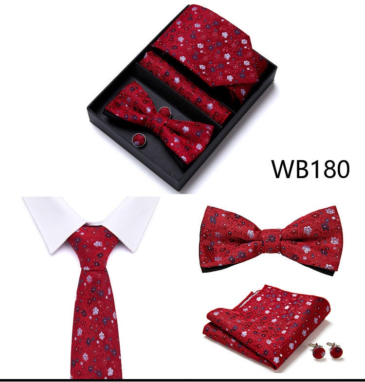 Burgundy Red Floral Pattern Tie Set / Pocket Square, Bowtie, Tie Clip, Cufflinks / Gift for Him / Wedding Groomsmen Gift / Men's Gift Box