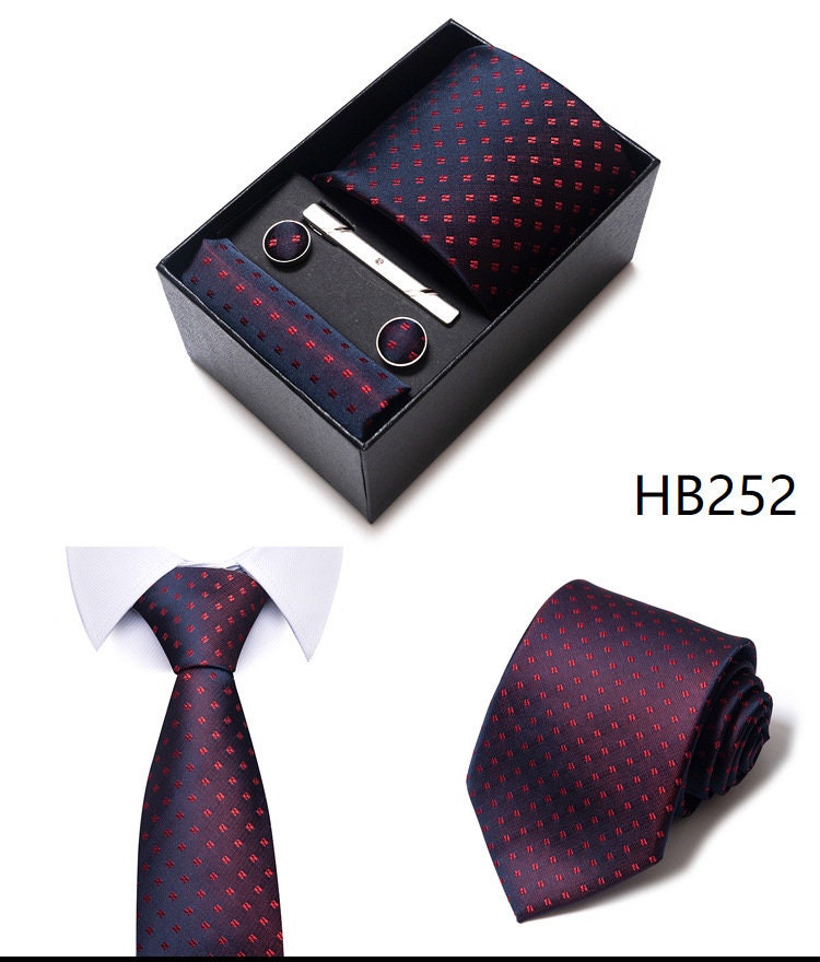 Wine Red Necktie Set / Pocket Square Tie Bowtie Cufflinks Set / Wedding Tie / Tie Clips / Gift for him Mens Groomsmen Gift