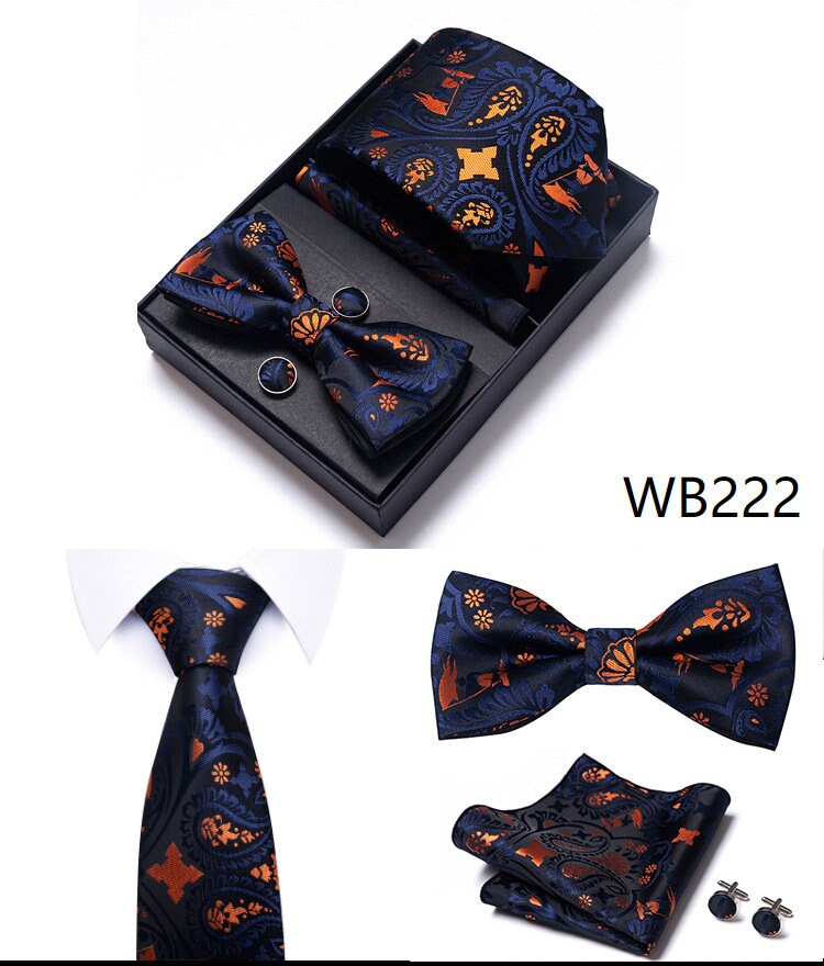 Black Orange Paisley Necktie Set / Pocket Square Tie Bowtie Cufflinks Set / Wedding Tie / Tie Clips / Gift for him Mens Groomsmen Gift