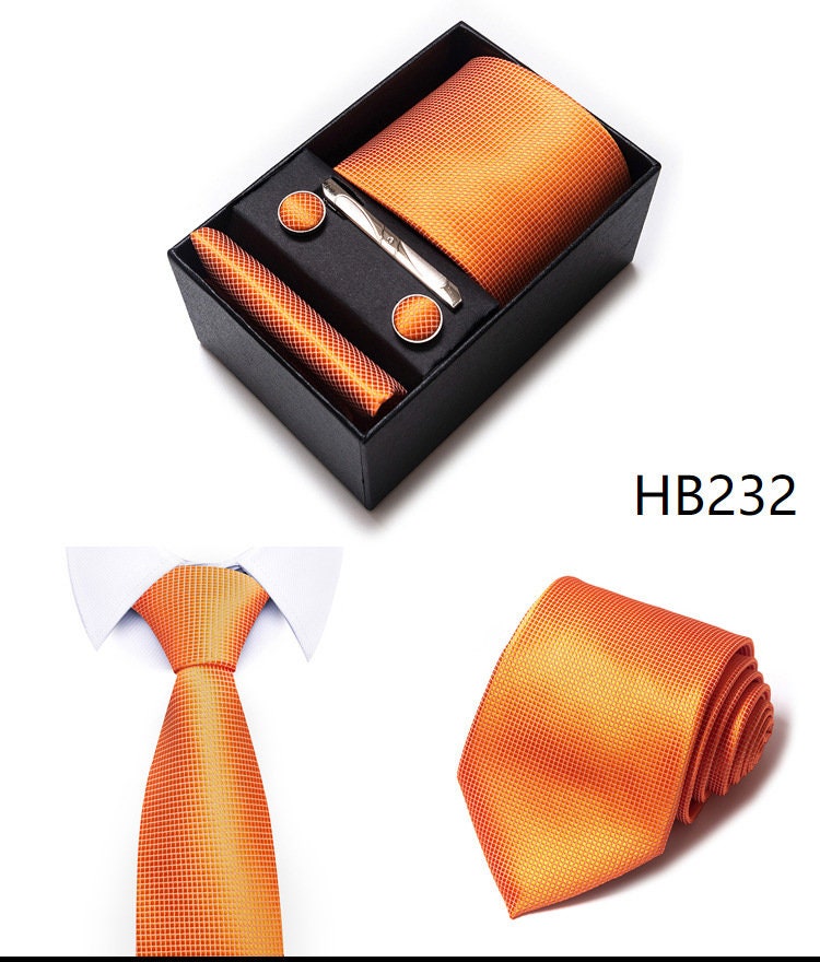 Orange Tie Set / Pocket Square Tie Bowtie Cufflinks Set / Wedding Tie / Tie Clips / Gift for him Mens Groomsmen Gift