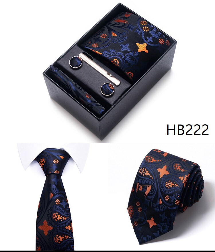 Black Orange Paisley Necktie Set / Pocket Square Tie Bowtie Cufflinks Set / Wedding Tie / Tie Clips / Gift for him Mens Groomsmen Gift