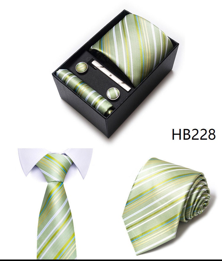Sage Green Stripe Pattern Tie Set / Pocket Square Tie Bowtie Cufflinks Set / Wedding Tie / Tie Clips / Gift for him Mens Groomsmen Gift
