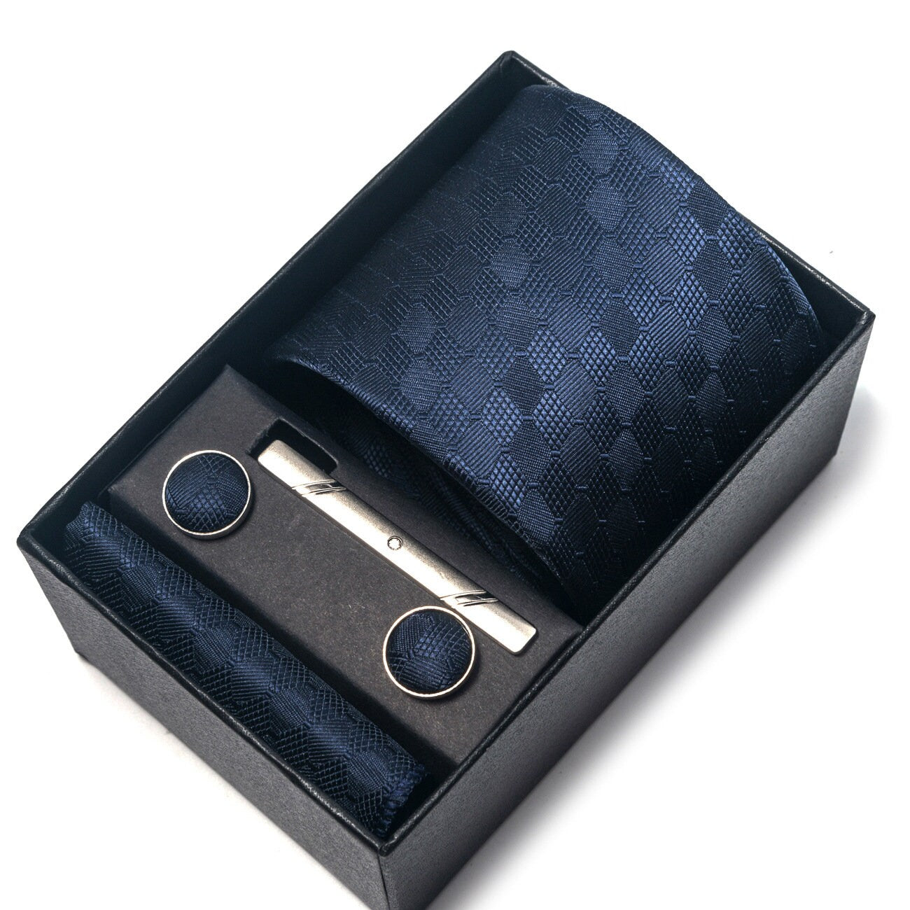 Navy Blue Pattern Tie Set / Pocket Square, Bowtie, Tie Clip, Cufflinks / Gift for Him / Wedding Groomsmen Gift / Men's Present / Gift Box