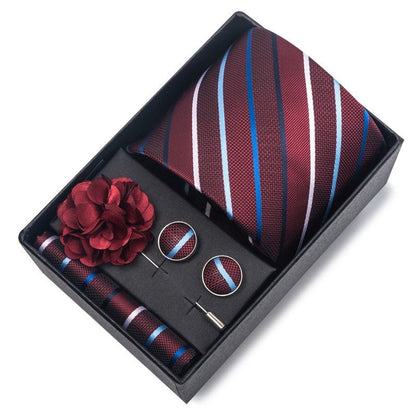 Red Wine Stripe Necktie Set / Pocket Square Tie Bowtie Cufflinks Set / Wedding Tie / Tie Clips / Gift for him Mens Groomsmen Gift